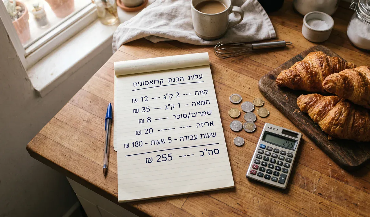 מחברת עם חישוב עלויות קרואסונים בעברית, מחשבון קסיו ומטבעות שקלים ליד לחמניות על קרש עץ