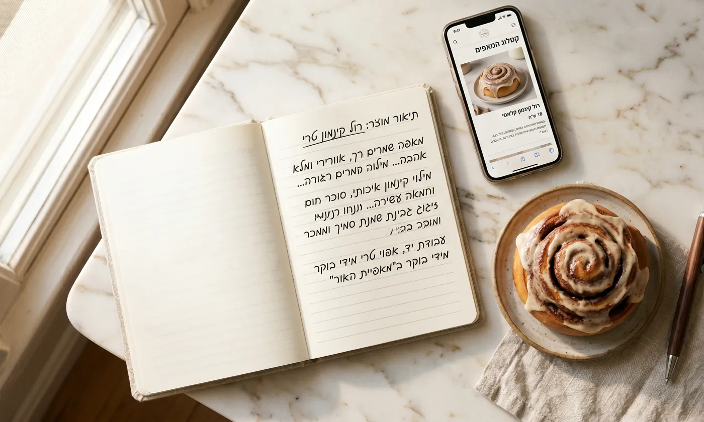 מחברת עם טיוטת תיאור מוצר לצד מאפים מצולמים ומסך חנות דיגיטלית עם תיאורים מושלמים