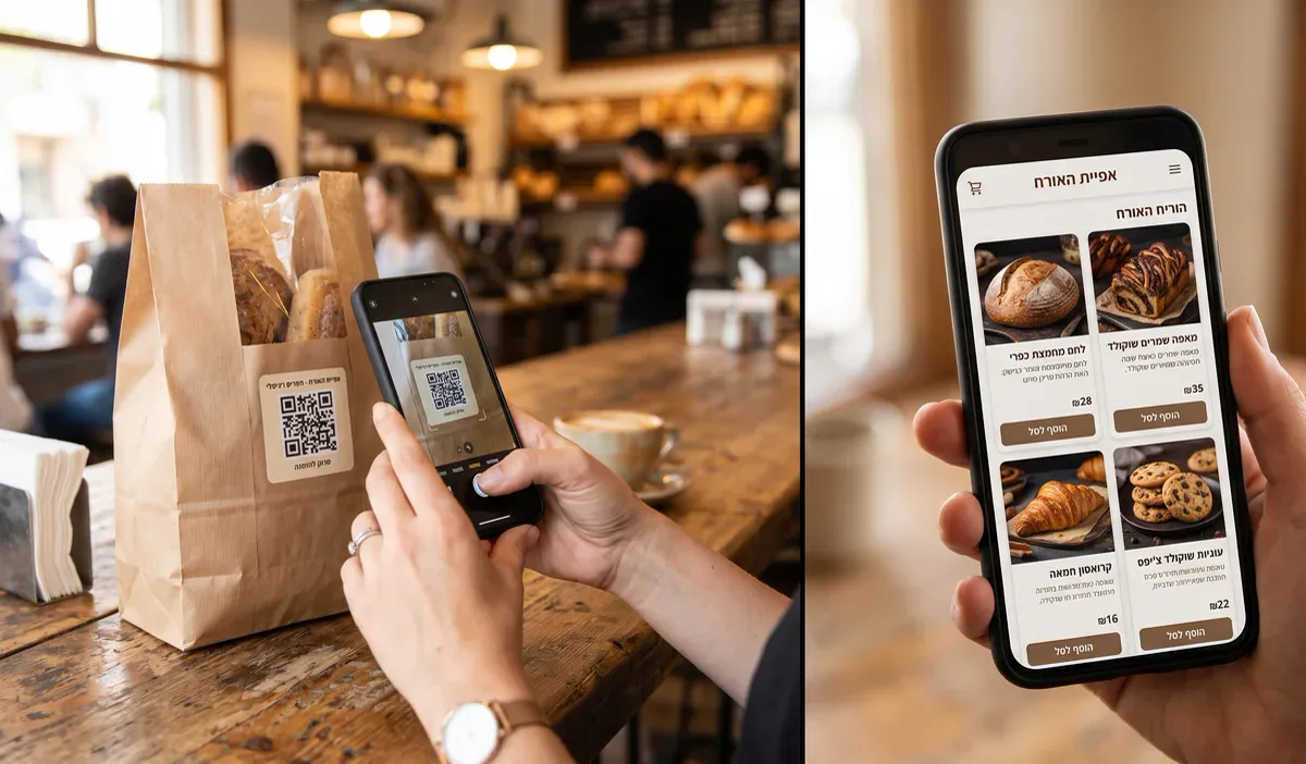 ידיים סורקות קוד QR על שקית מאפייה, לצד מסך חנות דיגיטלית עם מוצרים ומחירים בעברית