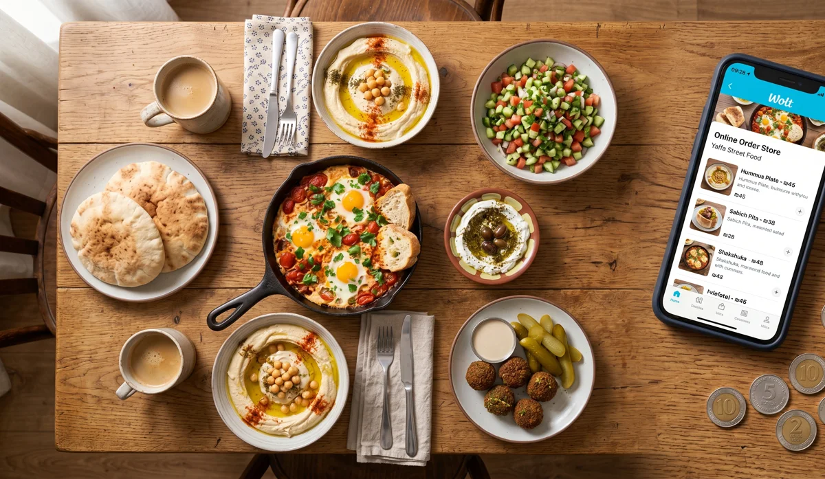 מבט עליון על שולחן עץ עם שקשוקה, חומוס, פלאפל ופיתות לצד סמארטפון המציג חנות הזמנות אונליין ומטבעות שקל